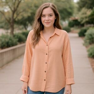 Roxy Women's Morning Time Gauze Linen Pink Button-Up Shirt Sz Large